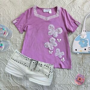 Alfred Dunner Purple and White Short Sleeve Tee with Butterfly Design beaded Y2K